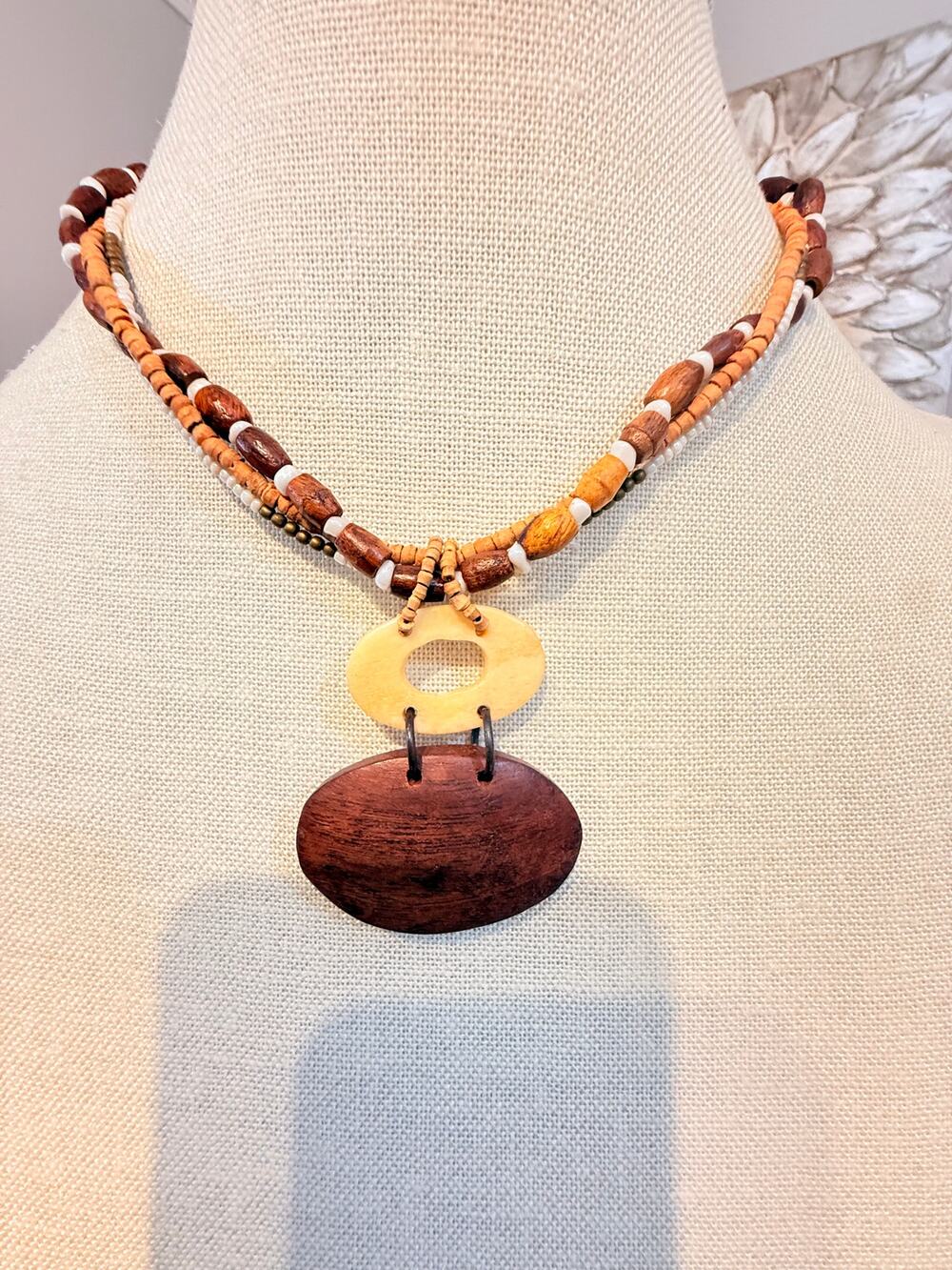 Copied - Vintage Wood Elephant Necklace Hammered Metal Multi Strand Boho 30”